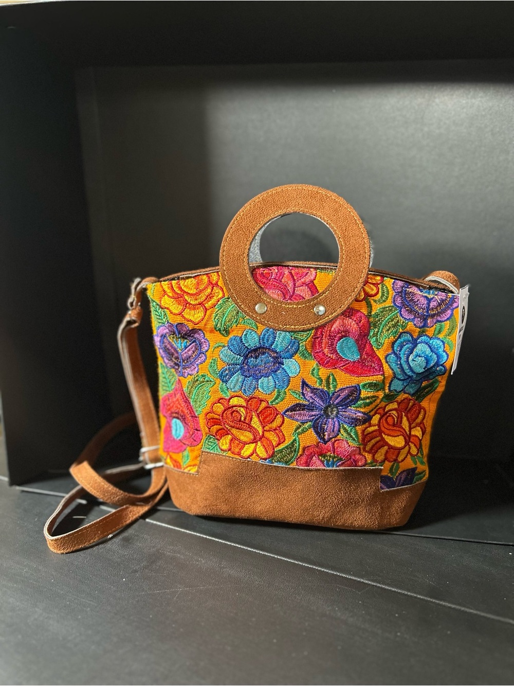 Handmade Mexican Embroidered Floral Bucket Bag | Suede Crossbody Purse